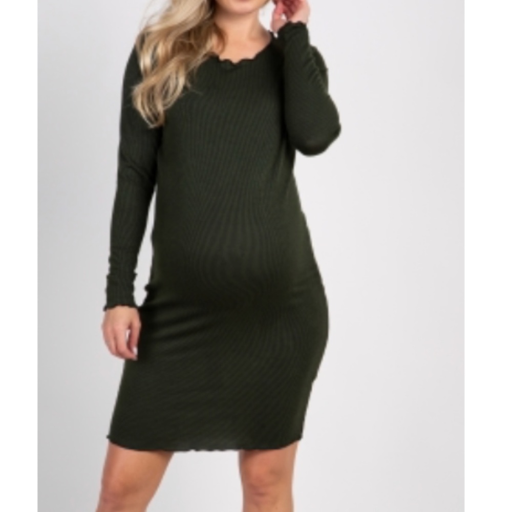 Olive green ribbed long sleeve mat dress